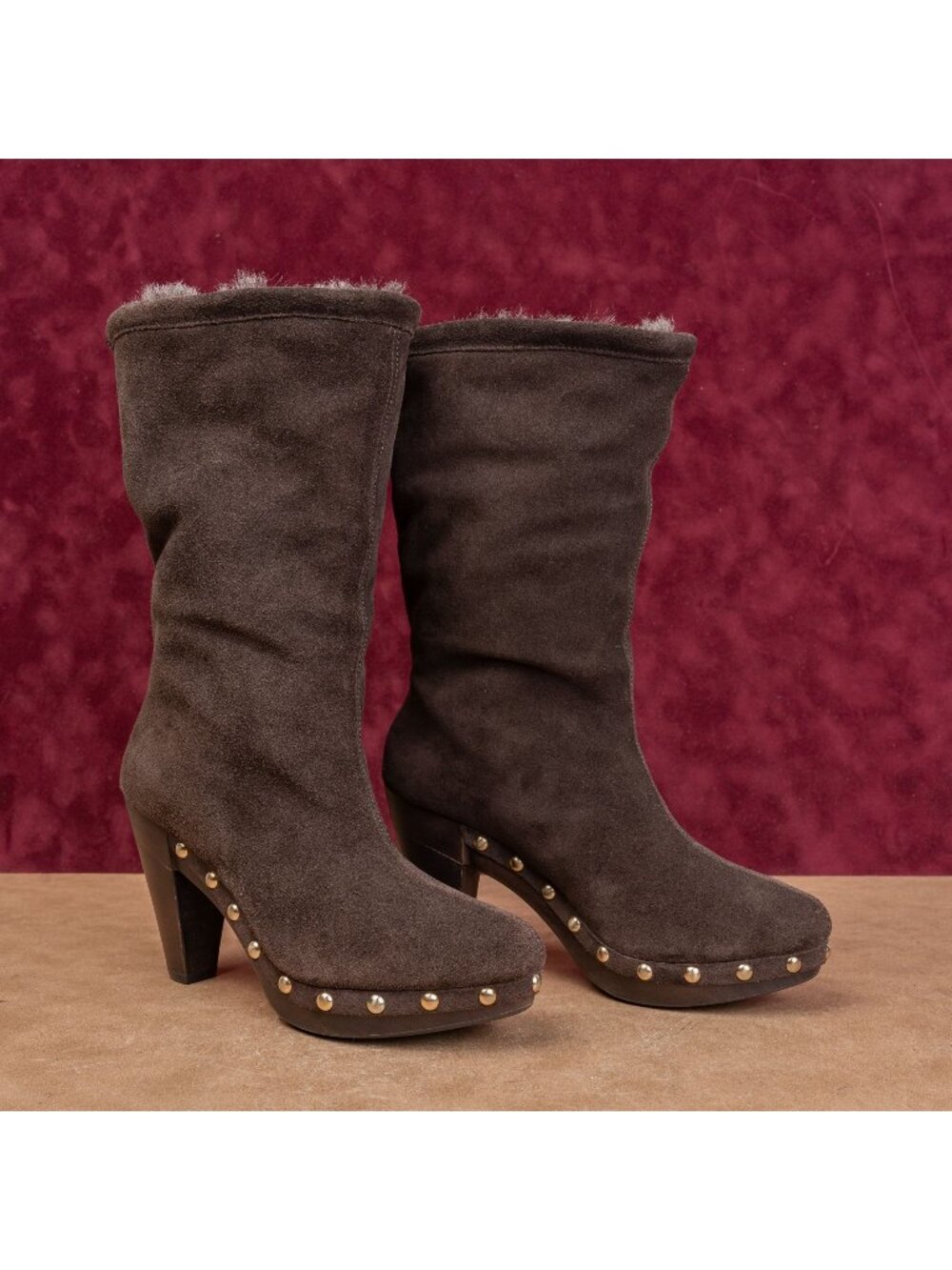 Michael Kors Women Brown Suede Studded Top Lace Fleece Lined Mid Boots sz 6.5